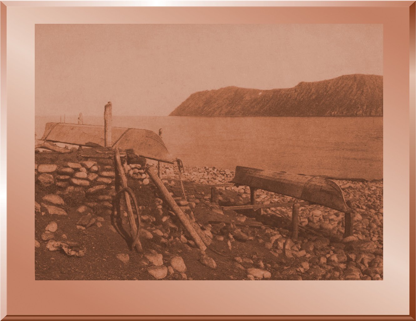 Walrus Boats, Big Diomede in Distance